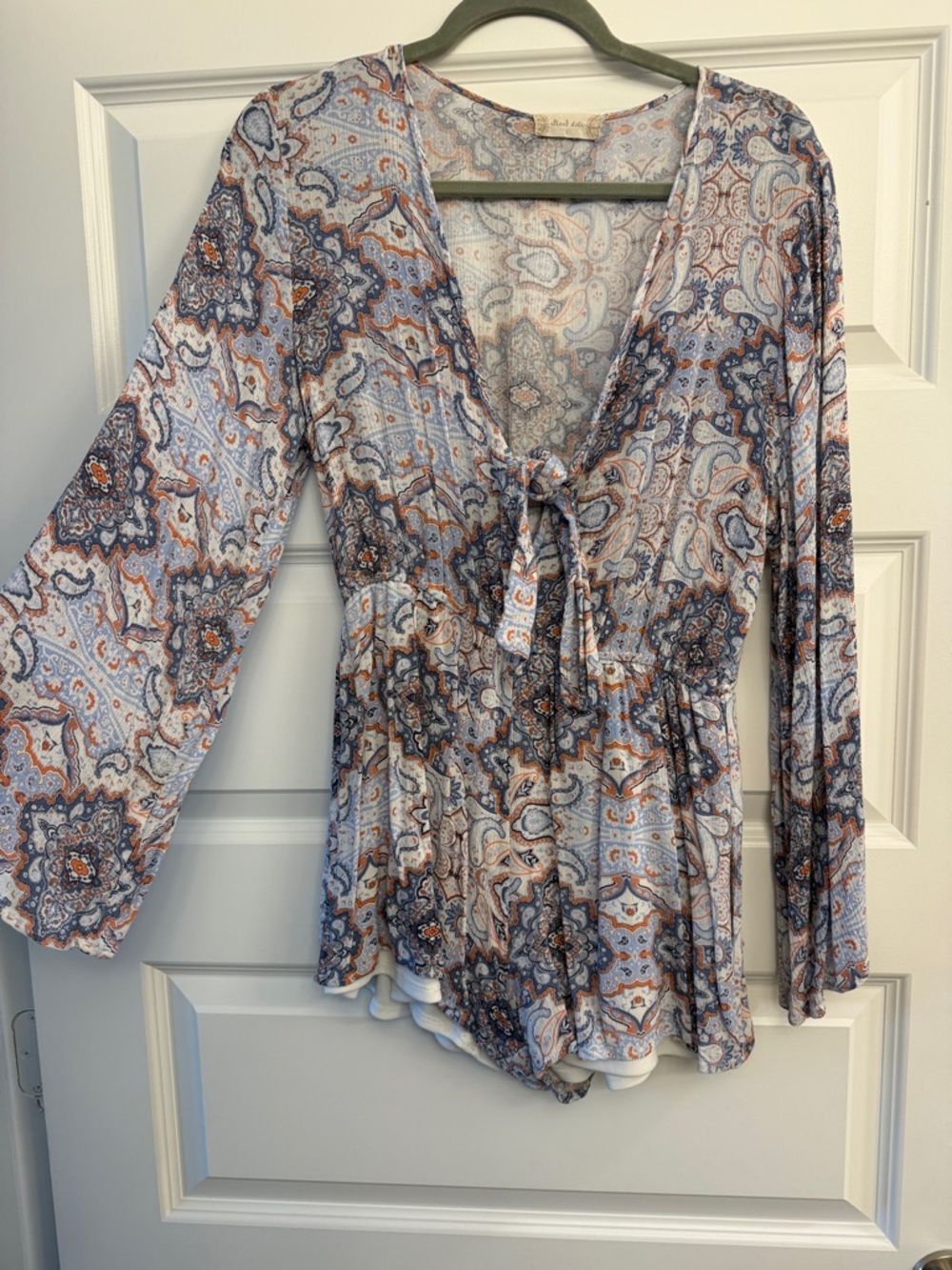 Altar'd State Paisley Tie-Front Romper in Light Blue and Rust Accents